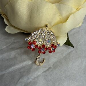 Elegant Gold and Red Umbrella Brooch